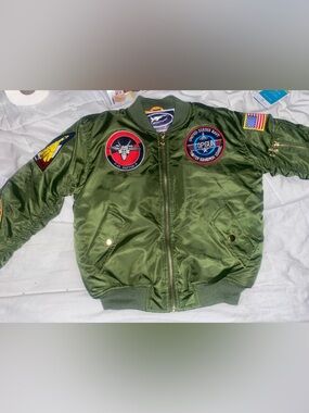 Kids Olive Green Pea Coat with Flight Patches